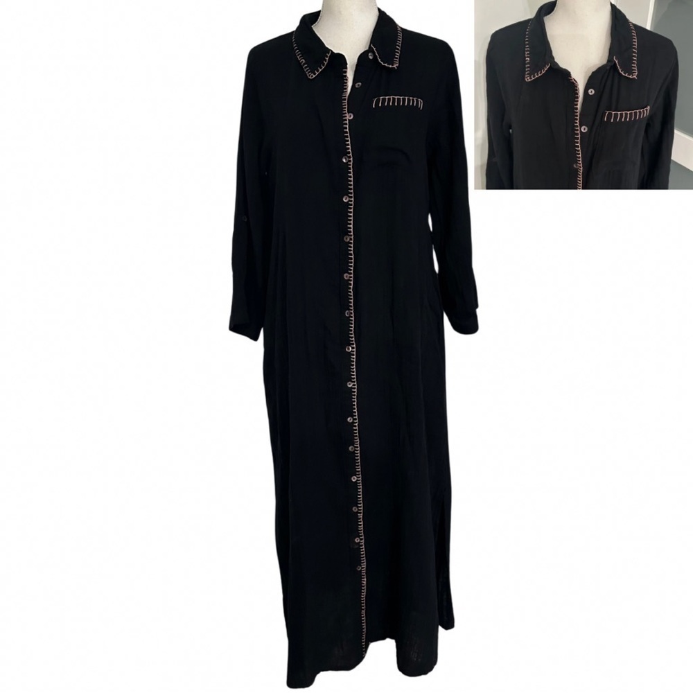 Natural Life Lola Black Cotton Maxi Shirt Dress SZ Medium Casual Resort Wear EUC